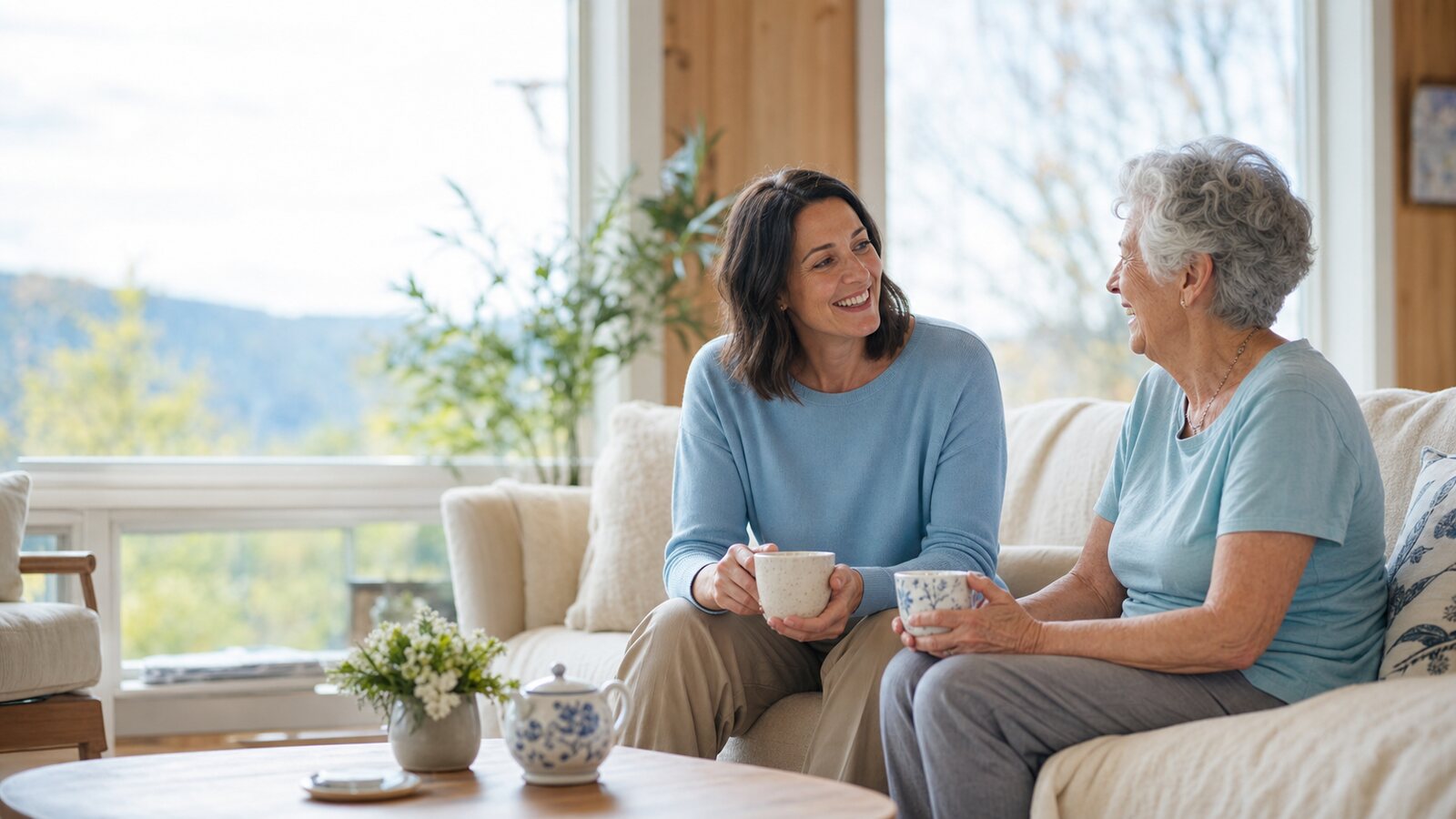 A caregiver and an older adult sharing tea together in a bright living room