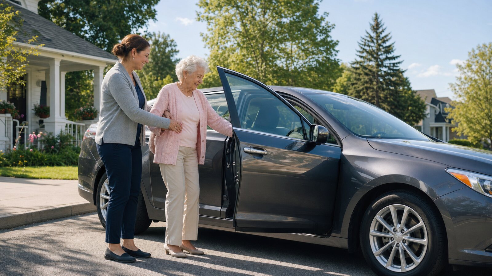 A caregiver helping an older adult into a car for a scheduled appointment